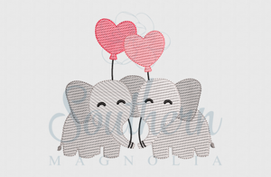 Elephants with Heart Balloons Sketch Fill Embroidery Design