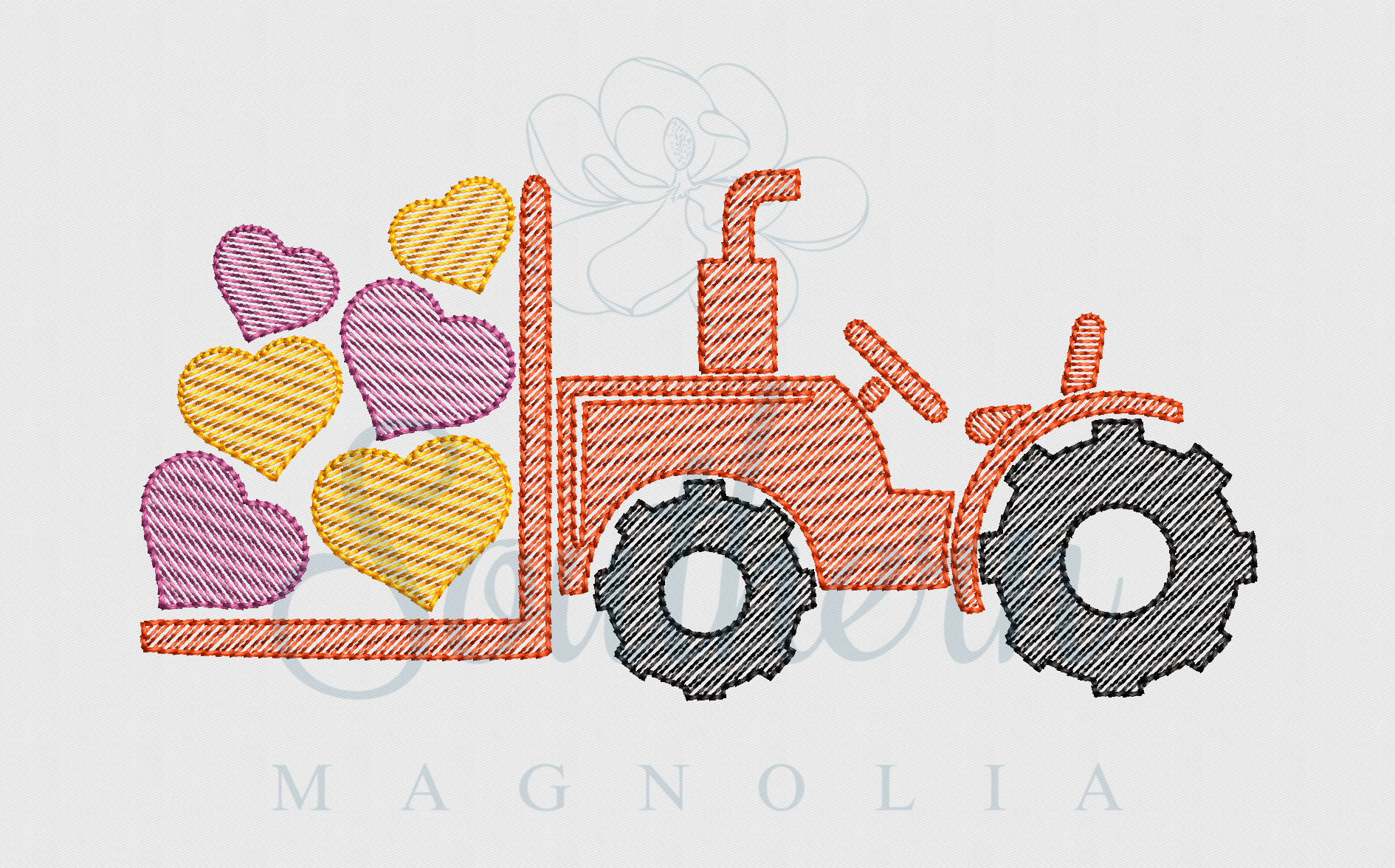 Tractor Forklift with Hearts Sketch Fill Embroidery Design