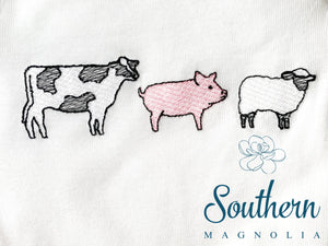 Cow, Pig, Sheep Trio Sketch Fill Embroidery Design
