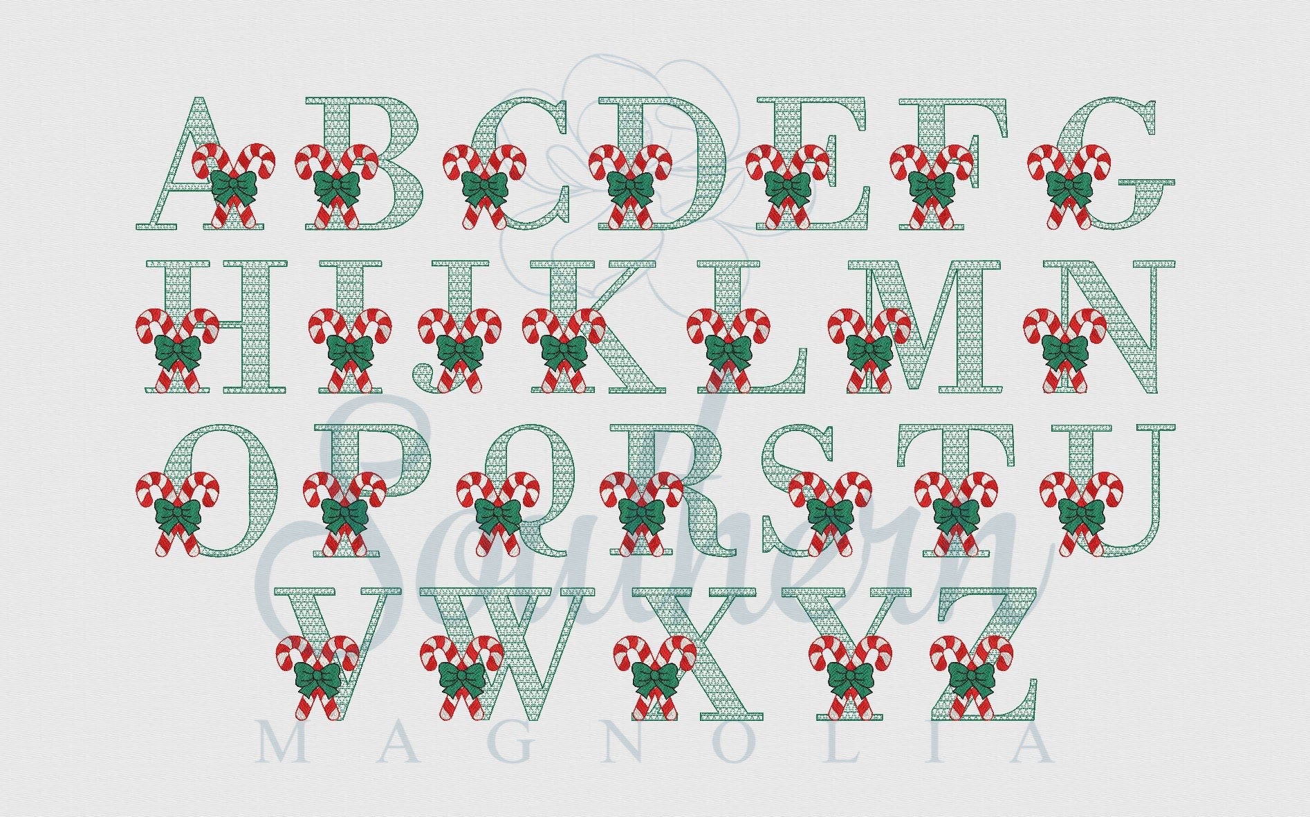 Candy Cane Bow Christmas Tree Motif Embroidery Design- Whole Uppercase Alphabet Letter Bundle